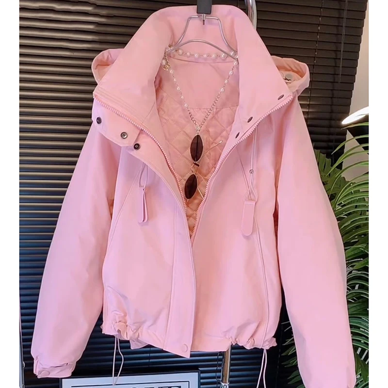 المرأة قصيرة الخريف الشتاء خندق معطف مقنعين سترة واقية غير رسمية فضفاضة ملابس خارجية فاخرة الإناث الرطبة تهمة سترة