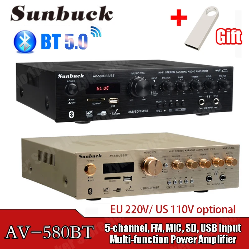 SUNBUCK 580USB/BT/298BT Bluetooth HiFi Amplifiers 220V 5CH Home Power Amplifier Stereo AV Surround Digital Amplifiers FM Karaoke