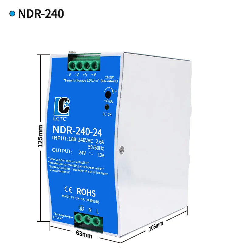 LCTC-Schaltnetzteil NDR-75W 120W 240W 480W Industrielles DIN-Schiene 12V 24V 48V AC/DC-Leistungstransformator mit Einzelausgang – Detail 7