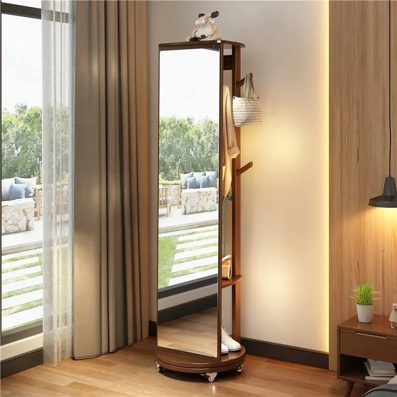 مرآة تلبيس لكامل الجسم، مرآة أرضية من الخشب الصلب، دوارة، منزلية، تخزين ملابس معلقة، متكاملة