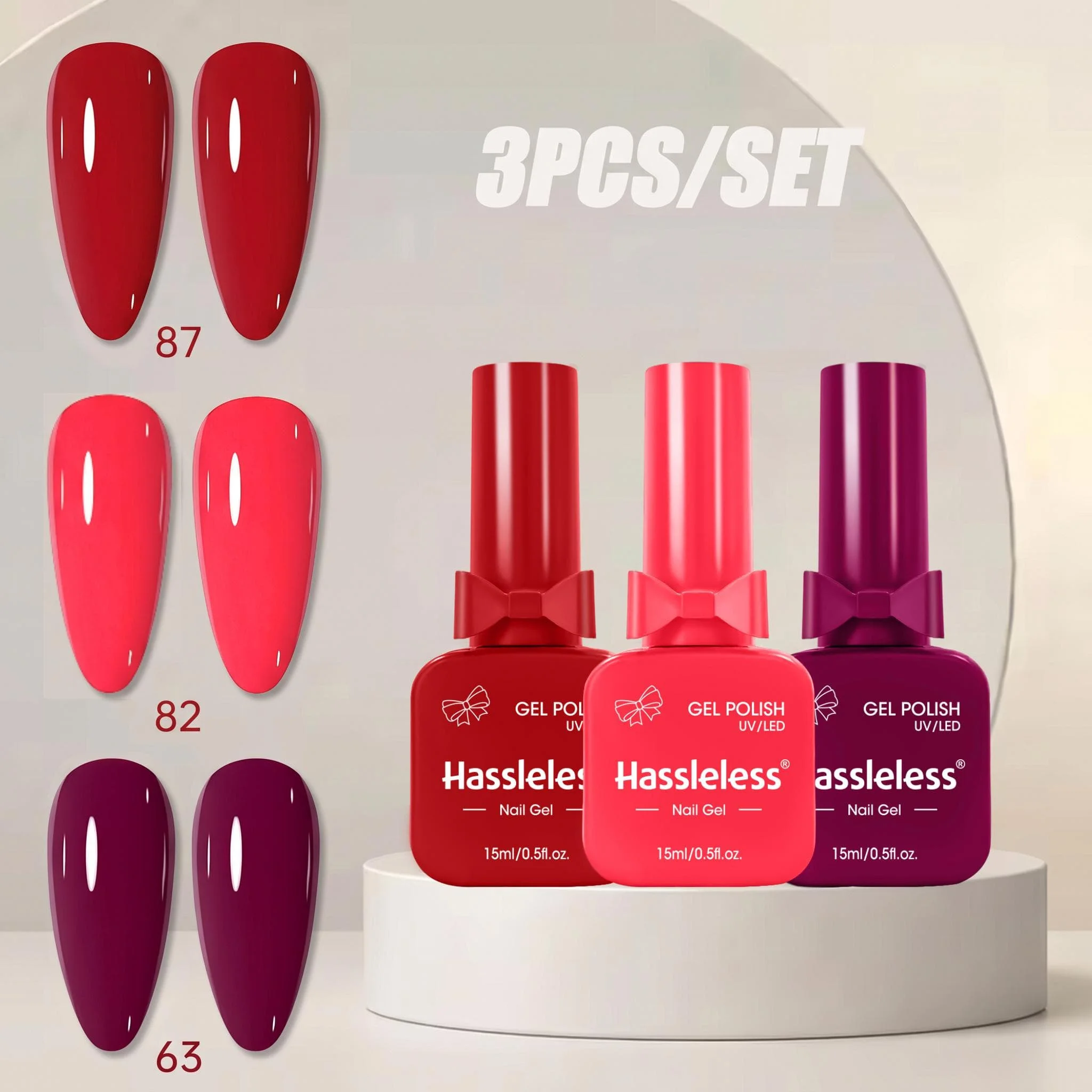 Hassleless 3-Piece Armor Gel Polish Set, in True Red, Bright Rose Red, Deep Plum Purple Shades, with a Mirror-Like High Gloss and Full Color Payoff, Enhances Complexion and Creates an Ambiance, Suitable for Home Salon