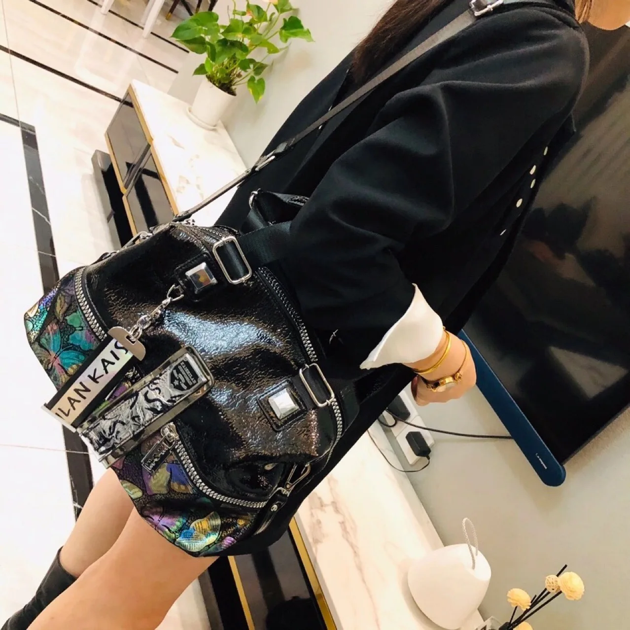 Female 90s Fashion Y2K Aesthetic Vegan Leather Butterfly Handbag Big Capacity Medium Size Holographic Daily Boston Bag for Work