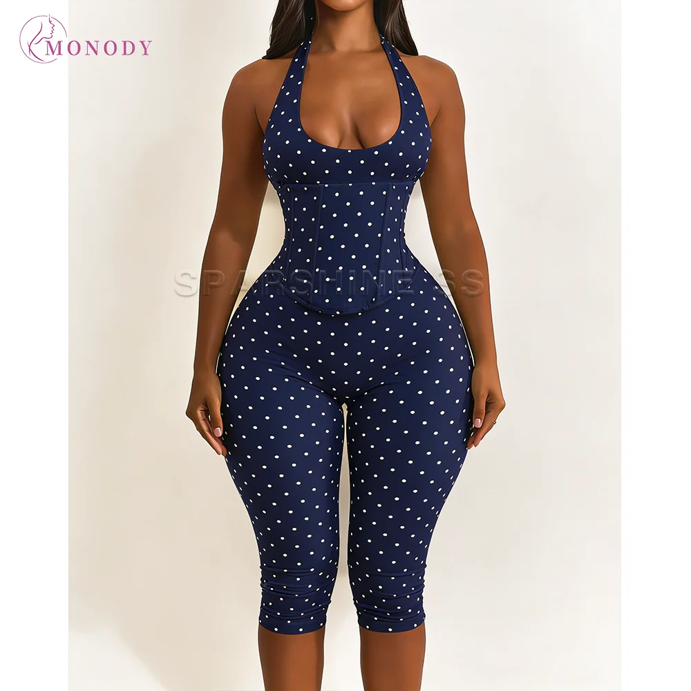 Women Polka Dot Halter Deep U Neck Jumpsuit Back Lace Up Corset Waist Bodycon Capri Romper Skinny Cropped Pants Slim Fit Wear