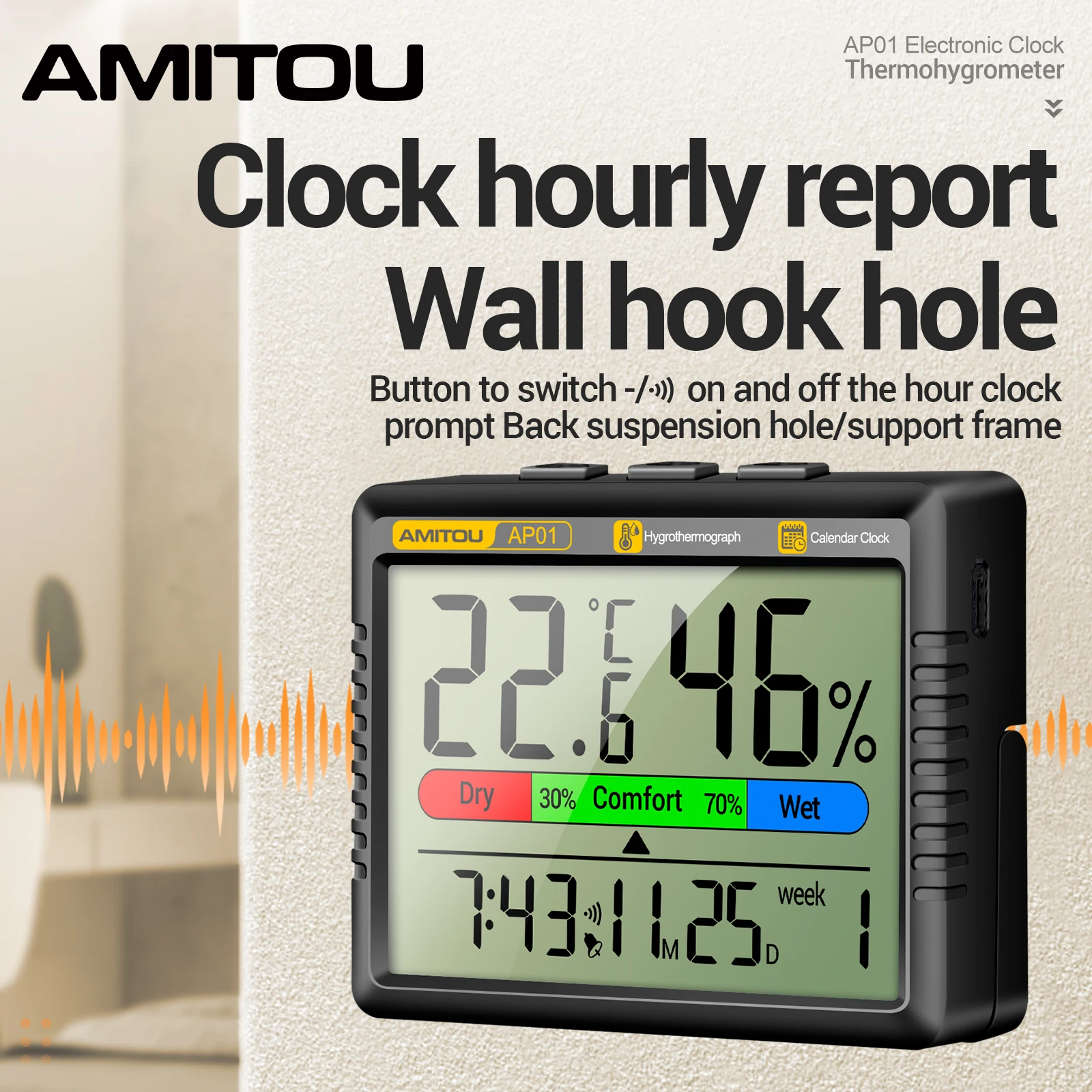 

AMITOU Rechargeable Digital Thermometer Hygrometer - HD Screen, Clock, Precision Temperature & Humidity Monitor for Home