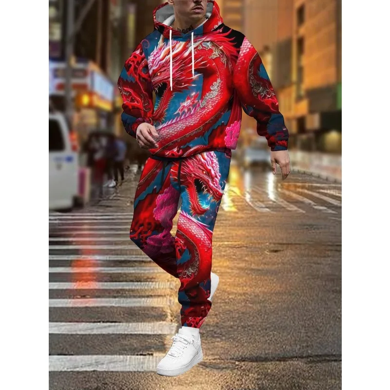 Мужская повседневная толстовка с капюшоном с 3D принтом дракона, комплект из 2 предметов