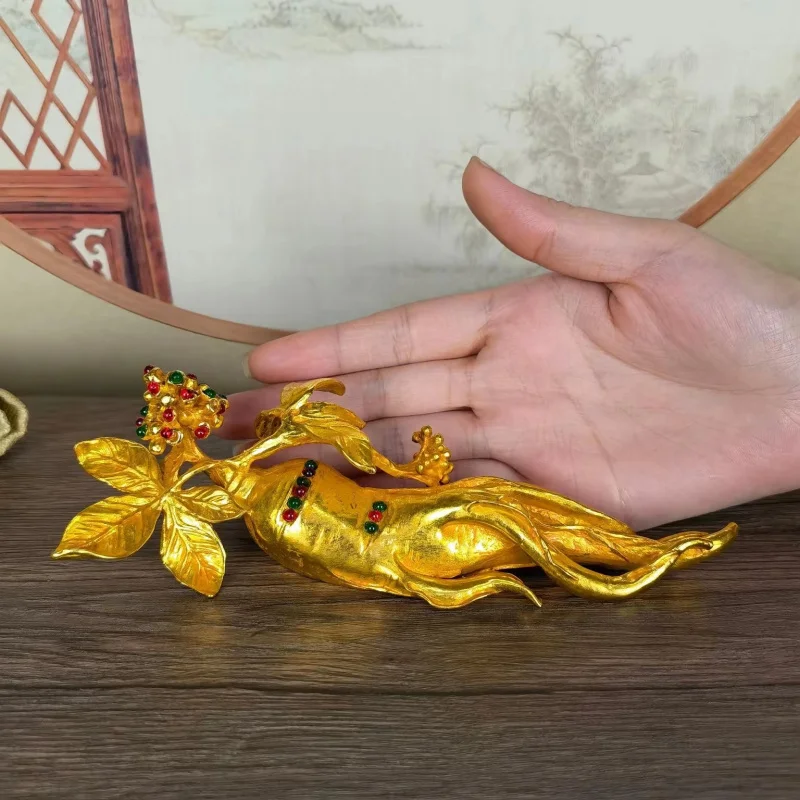 Gilt ginseng and ruyi inlay vintage copper artifact, retro new Chinese style, collectible home study decoration, decorative piec