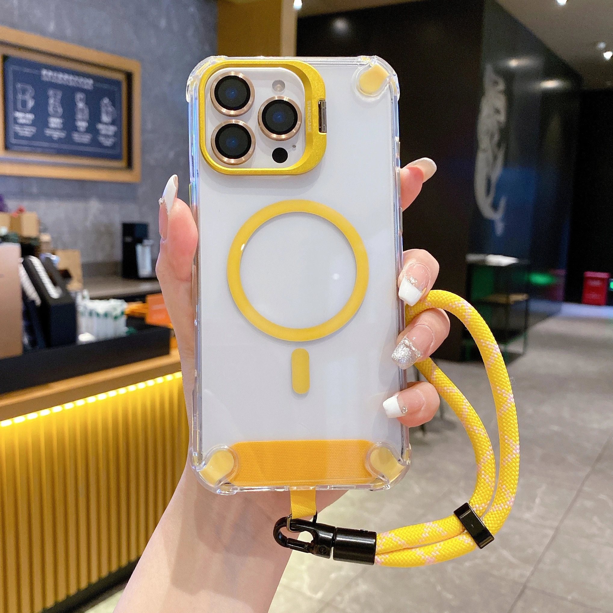 

Airbag Shockproof Transparent Phone Case For iPhone 11 12 13 14 15 16E Pro Max Plus Magnetic Bracket Card Package Cover Lanyard