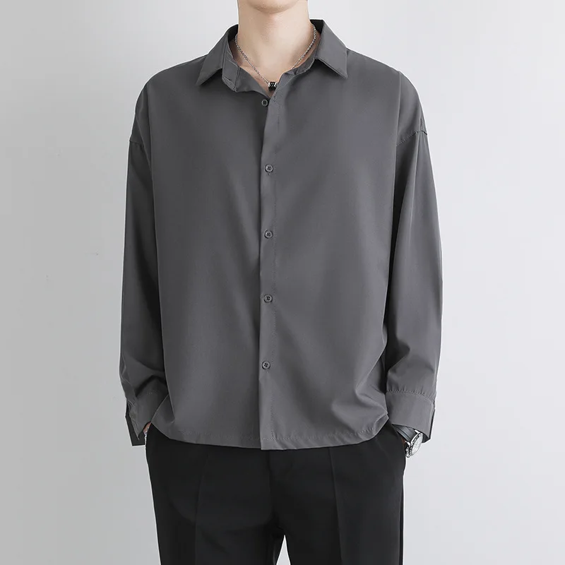 Summer New Leisure Men\'s Long-Sleeved Shirt Loose Large Solid-Colored Shirt Drape Lapel Shirt