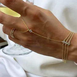 Hand Chain Ring Bracelet for Women Girls 14k Gold Plated Dainty Finger Dainty Slave Bracelets Cubic Zircon Jewelry Gifts