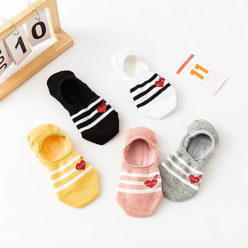 5 Pairs Women Spring Summer Boat Socks Harajuku Cartoon Heart Breathable Slipper Striped Casual Female Invisible Ankle Socks