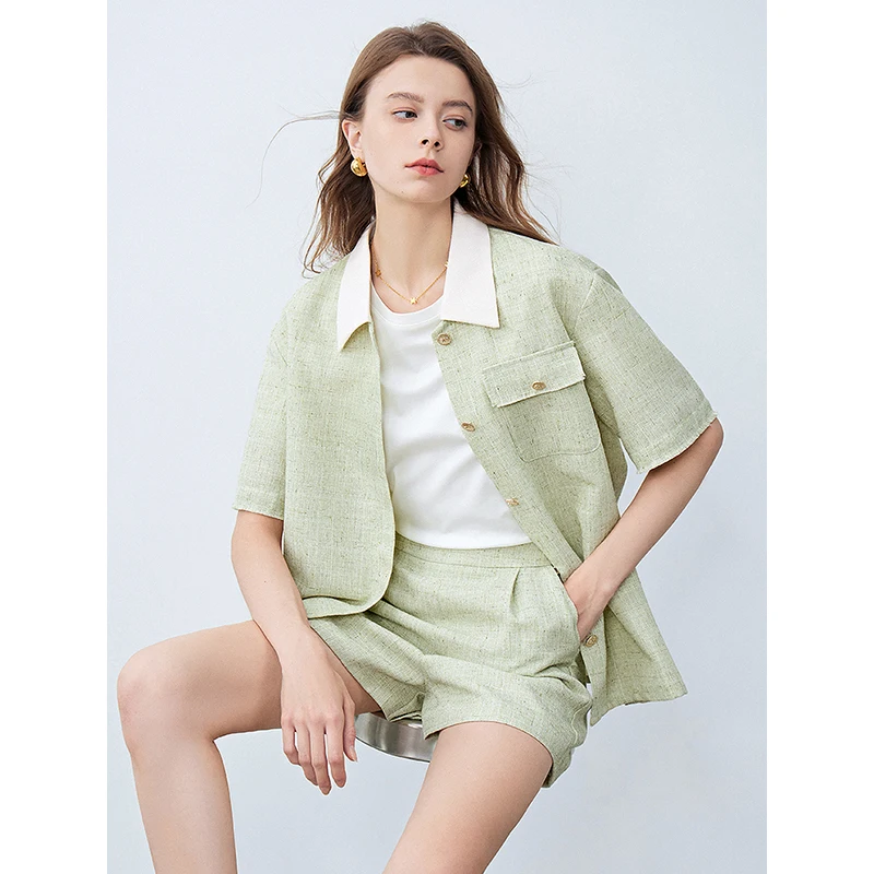 TOYOUTH Women Short Sleeve Shirt Two-piece Set 2024 Summer New Green Office Lady Working Sets