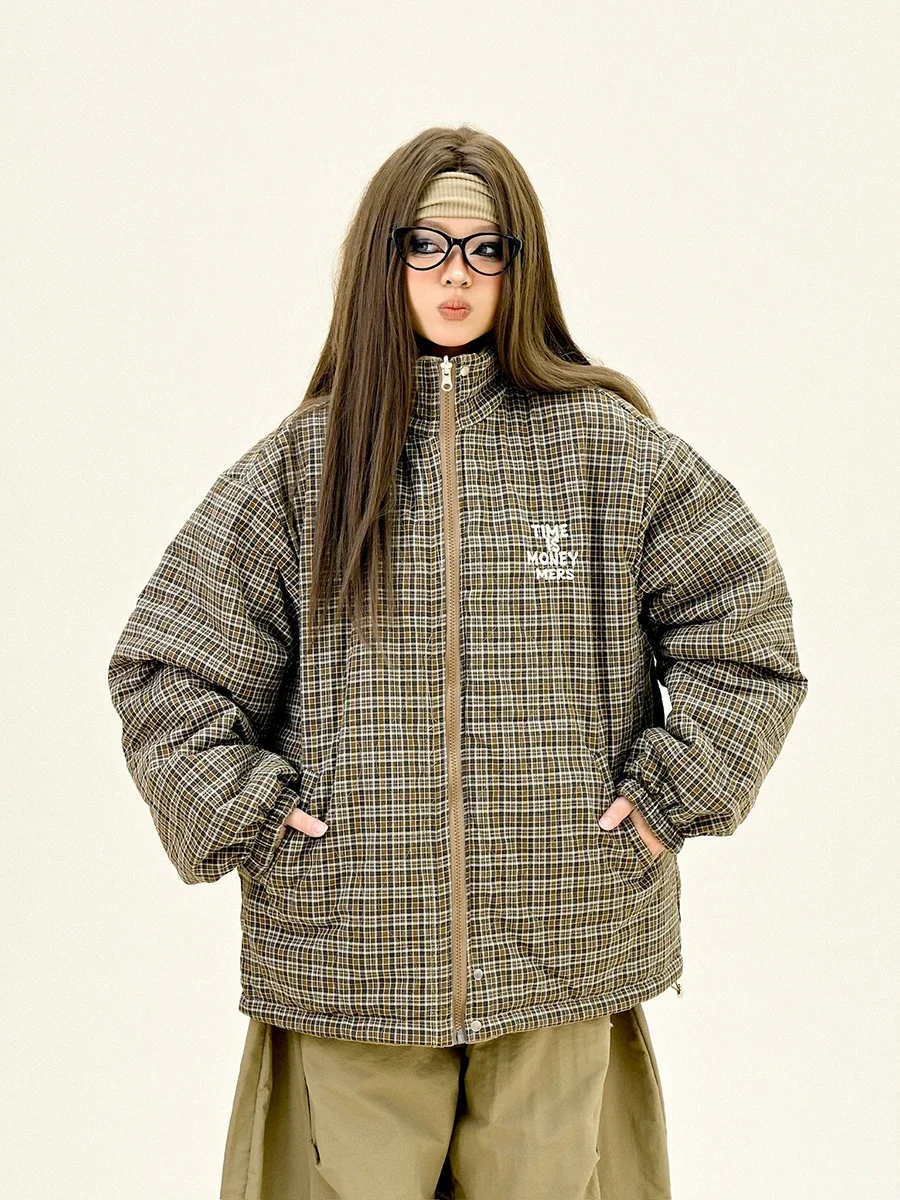 Double-sided Plaid Lapel Women's 2024 Winter New Loose Bf American Street Thickened Coats Parkas