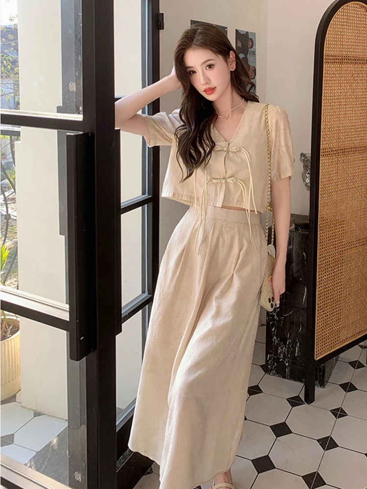 LANMREM Chinese Style Two-piece Set For Women V-neck Rivet Design Tops With Fashion Skirt 2024 Summer New Clothing 2Z1957