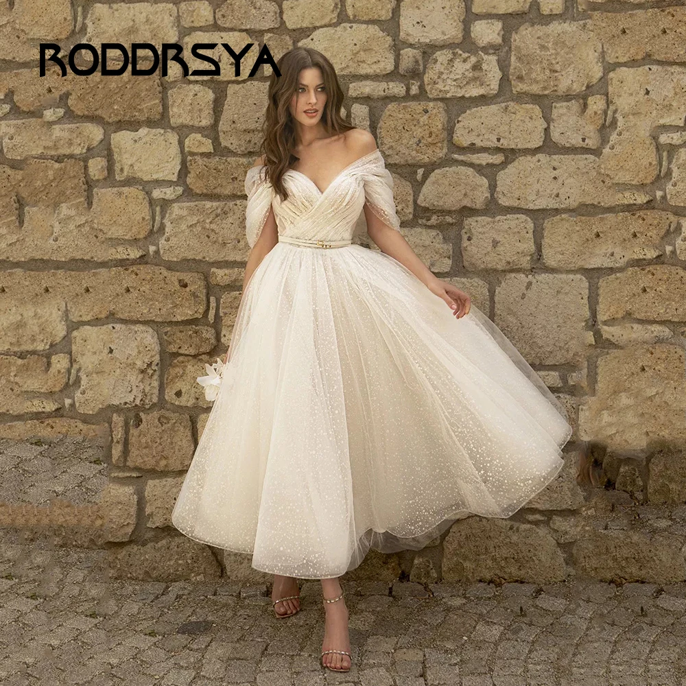 RODDRSYA Bling Glittter Boho Wedding Dresses For Women Off Shoulder Sweetheaart Net Tulle Beach Tea Length Bridal Gowns Lace Up