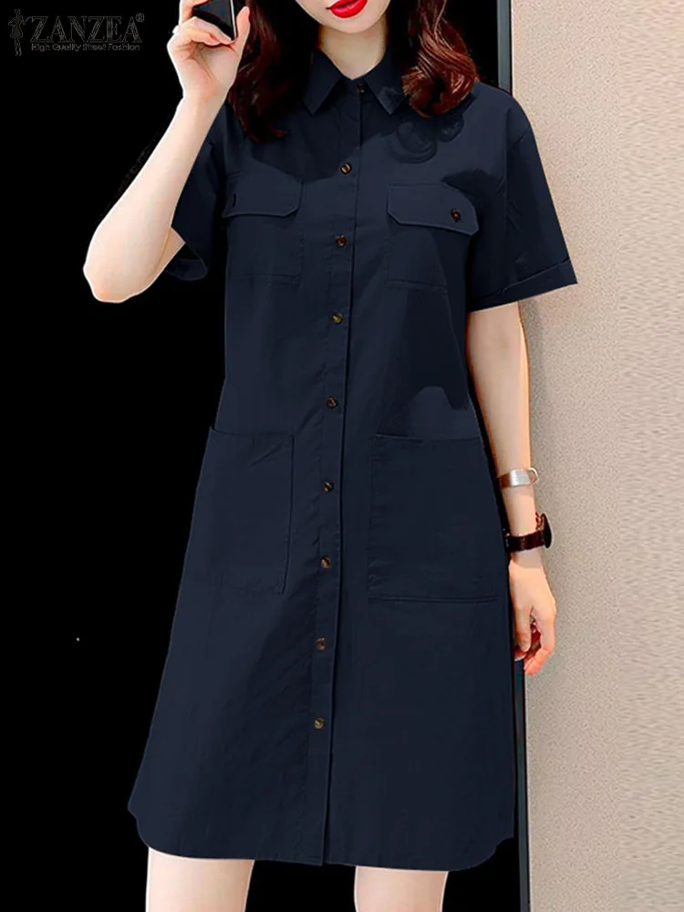 

ZANZEA 2024 Summer Short Sleeve Buttons Vestidos Fashion Streetwear Shirt Dress Women Pocket Lapel Neck Robes Office Mini Dress