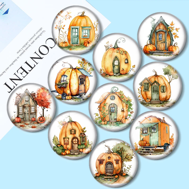 Watercolor Pumpkin tiny houses  10pcs 12mm/16mm/18mm/25mm Round Photo Glass Cabochon Demo Flat Back Making findings