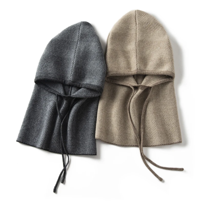 

Модная шапка в полоску из 100% кашемира для женщин, зимняя повседневная вязаная шапка с шарфом и капюшоном, мужская шапка-балаклава, теплая защитная шапка для ушей