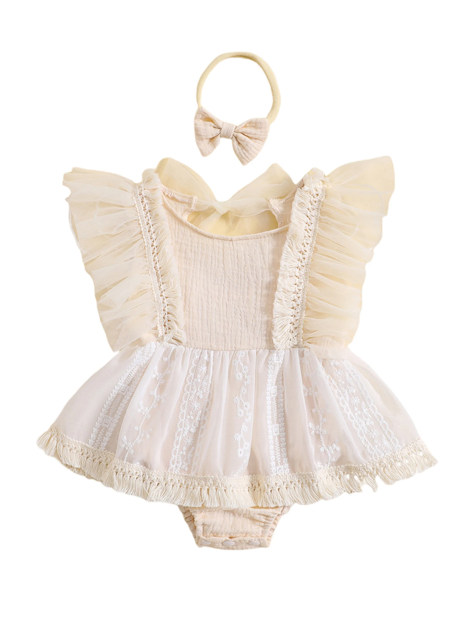 Baby Girl Lace Romper Dress Headband Boho Clothes Newborn Photography Outfits Beige 12-18 Months