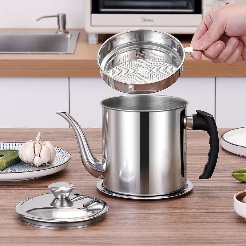 304 Stainless Steel Kitchen Oil Filter Pot Oiler Oil Leak Proof Bottle Large Capacity Oil Storage Tank Filter