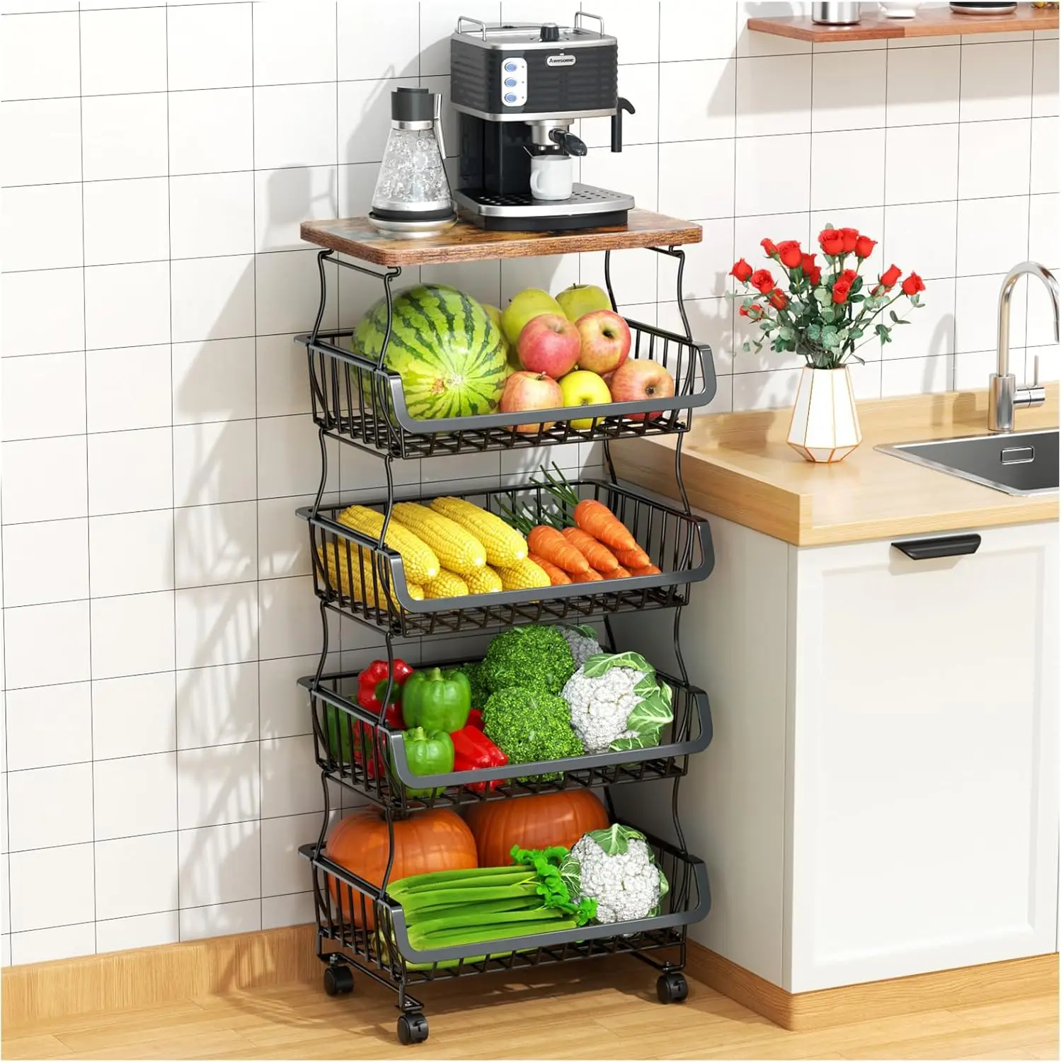 

5-Tier Stackable Metal Wire Storage Basket with Wheels, Kitchen Organizer for Fruits Vegetables Pantry