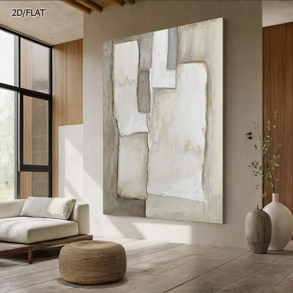 

100% Handmade Abstract Oil Painting - Grey & White Thick Oil Scraper texture Wall Art Picture for Home Living Room Decor Image