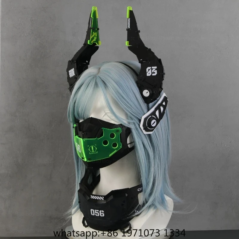 Future Technology Style Mechanical Punk Mask Headwear Woman Tactical Functional Cosplay Hairband Neck Ring Music Festival Props