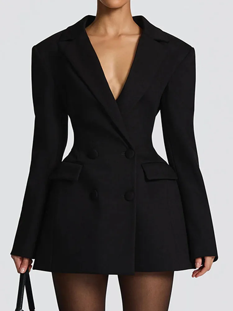 Sexy Notched Office Wear Blazer Dress for Women Autumn Winter Fashion Double Breasted Long Sleeve Tailored Coat Female Jacket