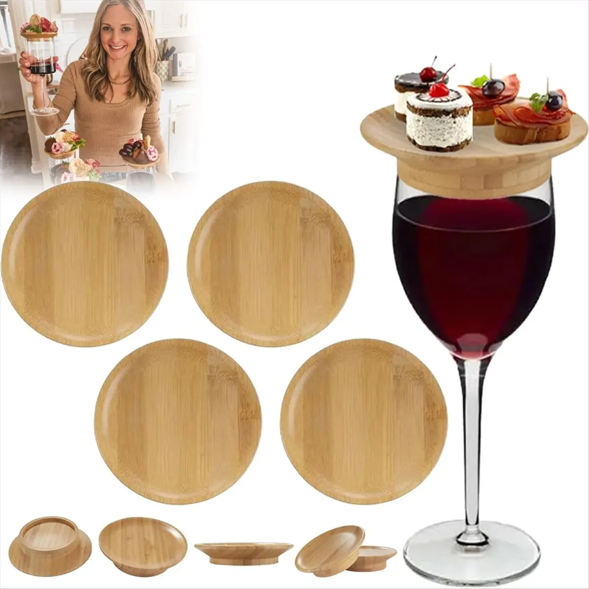 2026 Trend 3 Pcs Wine Glass Charcuterie Topper, Charcuterie Wine Glass Topper, Bamboo Wine Glass Topper Wine Glass Topper Plate