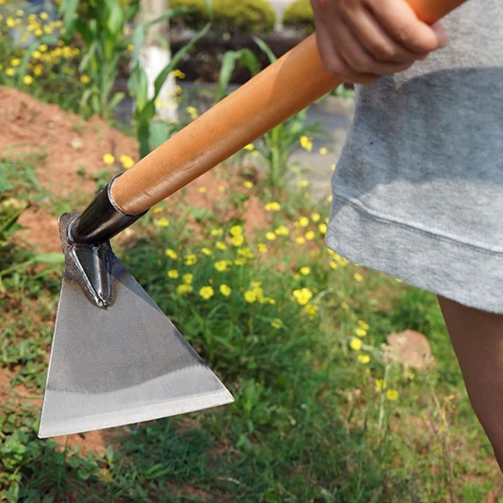 Heavy-Duty Steel Garden Hoe Easy To Install Handle Multi-Purpose 2-In-1 Triangular Farming Hoe for Soil Tilling Ridging Planting