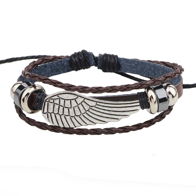 angel bracelet Multilayer Bracelet Men Casual Braided Leather Bracelets Women Wood Bead Bracelet Punk Rock Jewelry Pulseira