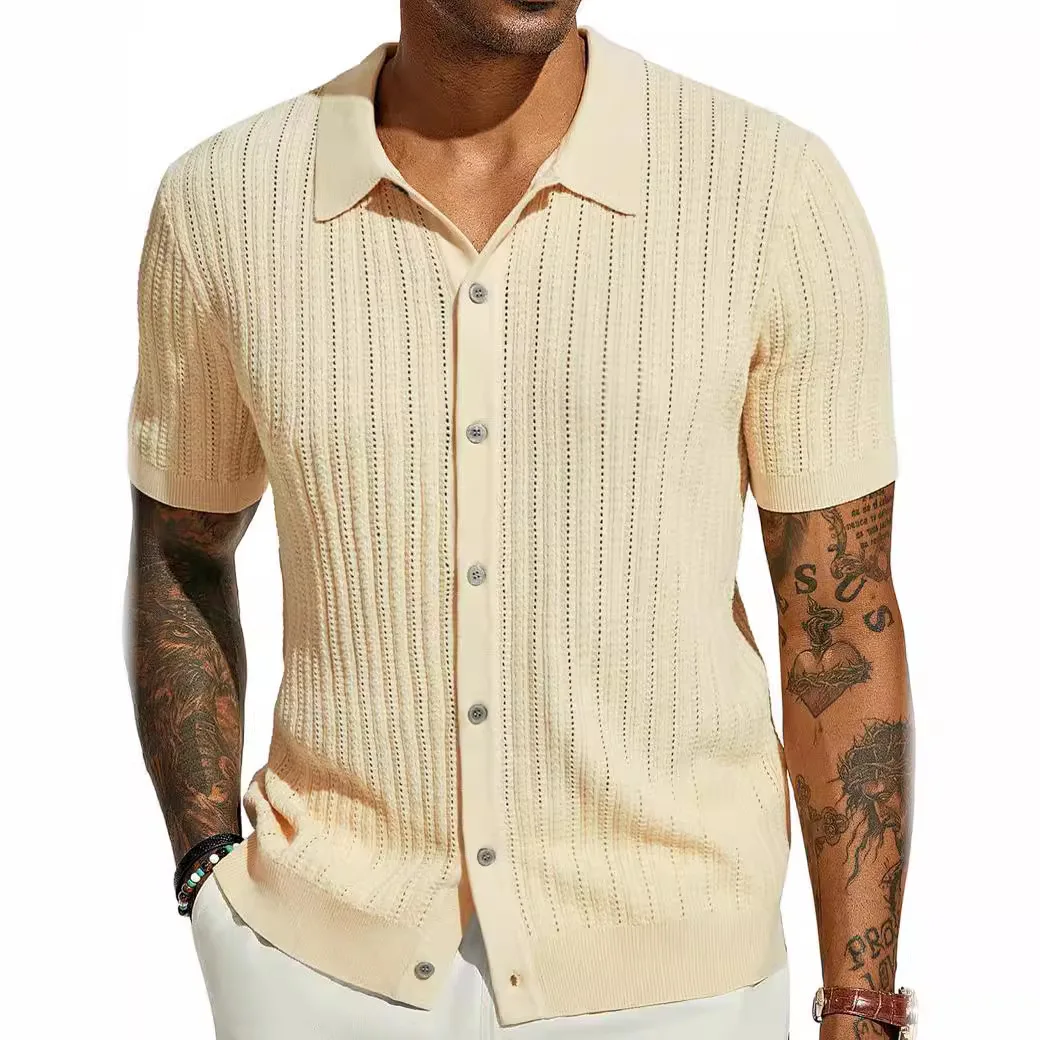 2025 Men's Casual Knitted Shirt Summer New Solid Color Top Men's Short Sleeve Lapel Men's Clothing
