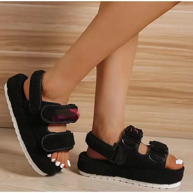 Plush Sandals for Women 2023 New Fashion Platform Shoes Retro Flat  Fluffy Furry Casual Shoes Female Light Round Toe Sandalias