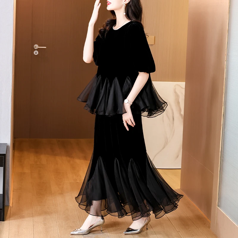 2024 Autumn New Korean Splicing Top Casual Half Skirt Two Piece Set Women\'s Silk Velvet Set Trendy Fashion Long Skirt