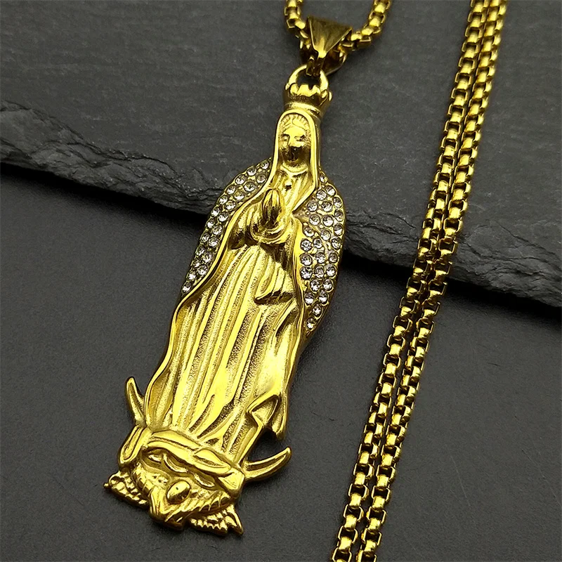 Katholische Jungfrau Maria Strass Anhänger Halskette für Frauen Männer Edelstahl Gold Silber Farbe Guadalupe Gebet Schmuck – Detail 6