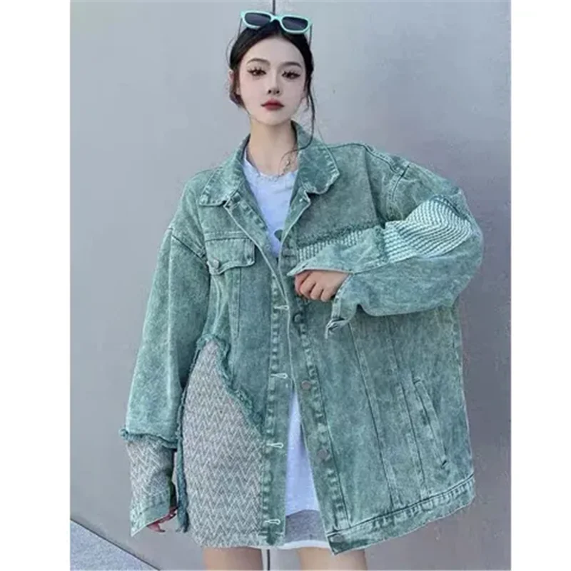 Autumn Winter Denim Jacket 2024 New Fashion Loose Leisure Coat Button Vintage Patchwork Pure Colour Green Outerwear Female