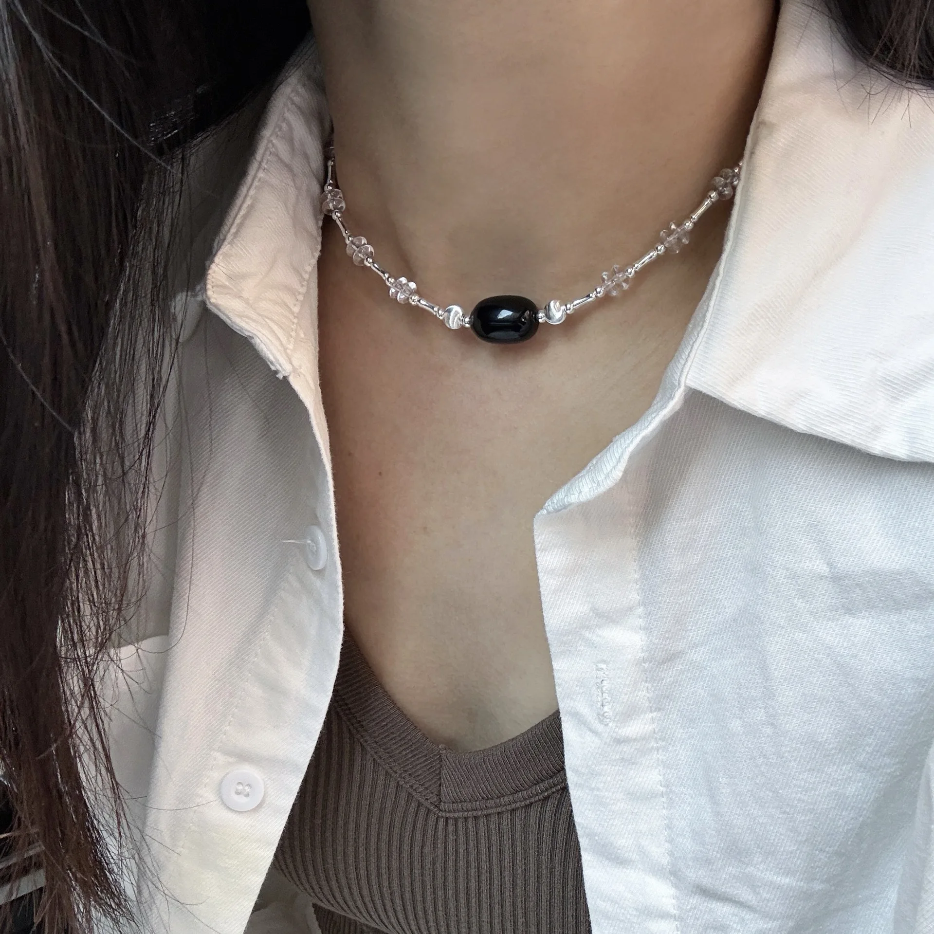 

Pure S925 Silver Black Jade Beads Necklaces Women Jewelry Punk Hiphop Designer Runway Rare Boho Top Japan Korean