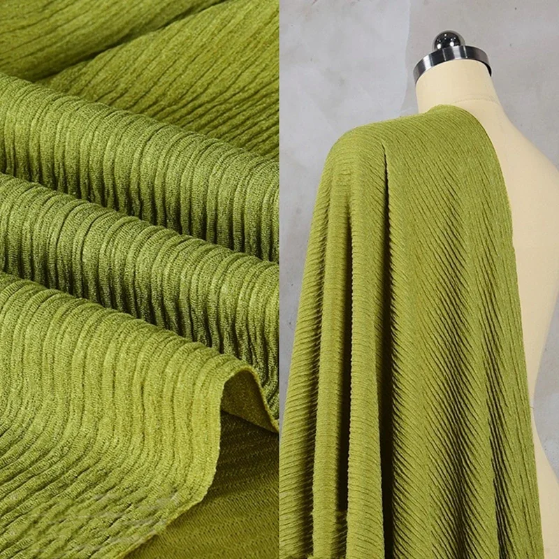 

Yellow-green Pleated Texture Fabric Elastic Drape Spring Summer Coat Skirt Cloth by the Meter for Sewing Diy Material