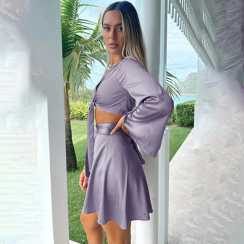 Sexy Y2k Two Piece Set Women Autumn White Lantern Long Sleeve Crop Cardigan Tops Elegant Suits Lace Up Wrap Sexy Mini Skirts
