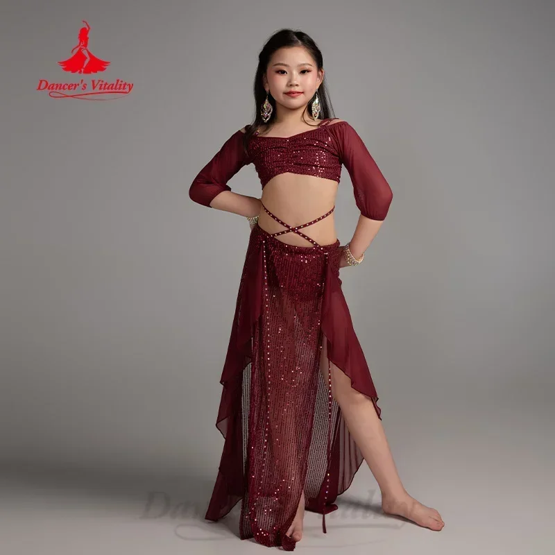 Tuta da danza del ventre per bambini eleganza avanzata maglia di paillettes abbigliamento da allenamento professionale per danza orientale delle ragazze