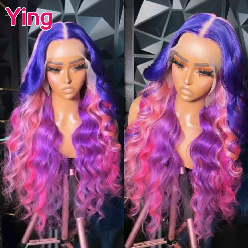 

Highlight Blue Pink Colored 12A 13x6 Lace Frontal Human Hair Wig Body Wave Brazilian PrePlucked 5x5 Closure Wigs For Black Women