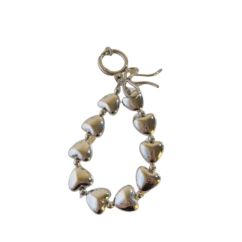 Fashion Love Heart Beaded Phone Lanyard Simple Silver Color Phone Chain Keyring Anti-Lost Phone Strap Wristband Camera Pendant