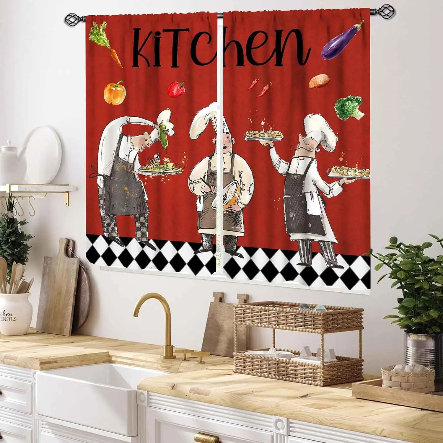 Red Background Cartoon Chef Vegetable Kitchen Curtains, Black White Rhombus Border Window Drapes for Home Kitchen Bistro Decor