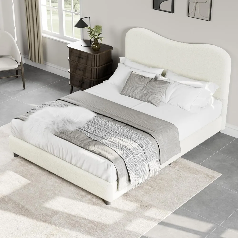 

senfot beige boucle bed frame with upholstered headboard, soft low profile sturdy platform bed with rounded corners design