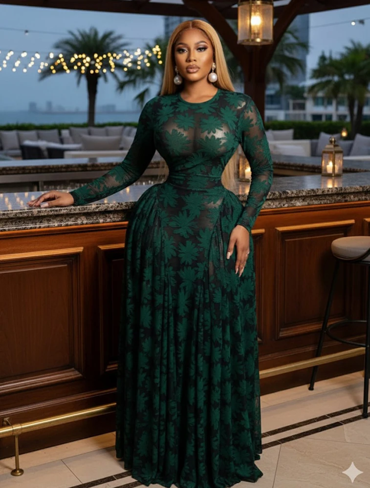 Luxuriöses Damen-Maxikleid mit elegantem Design, Print und Mesh, zweiteiliges Set mit Unterkleid, Urlaubs- und Strandstil, langärmlig – Detail 5