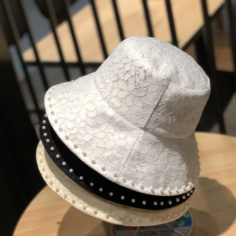 Fashion Women Lace Pearl Bucket Hats Summer Autumn Women Street Style Harajuku Print Outdoor Sunscreen Travel Hunting Cap Gift