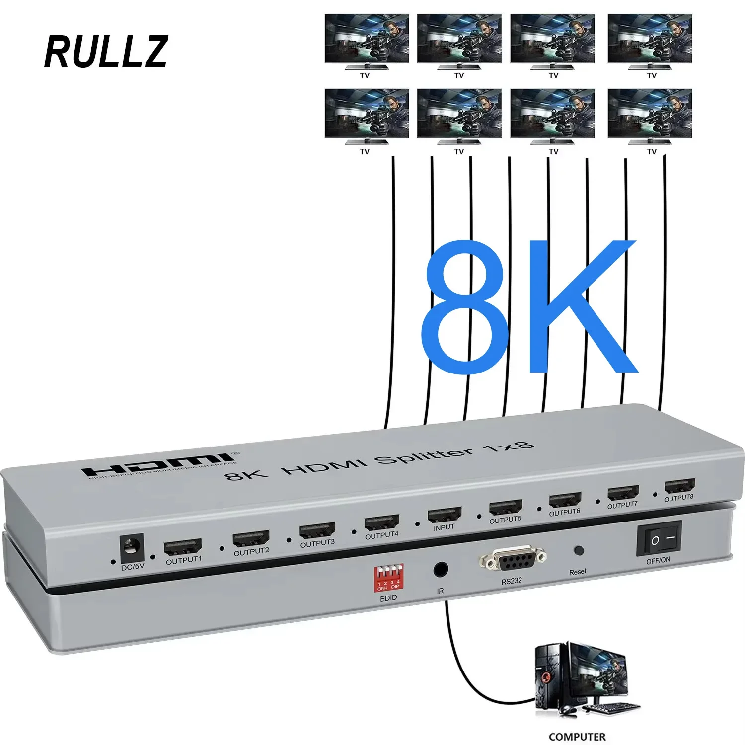 8K 60Hz 1x8 HDMI Splitter 1 in 8 Out Multi Screen Distributor Audio Video Converter with EDID RS232 for DVD PS4 Camera PC To TV