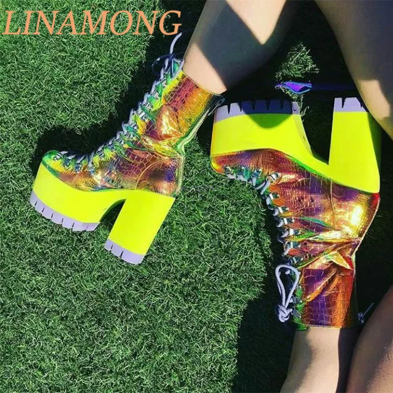 Color Blocked Thick Soled Sponge Cake Shoes Side Zipper Straps Colorful Shiny Leather Platform Thick Heels ShortBoots
