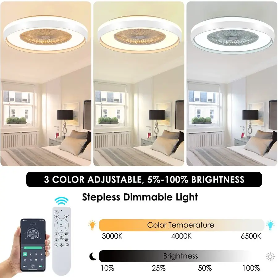 Bladeless Ceiling Fan with Light Remote, Smart LED Ceiling Fans with App Control, Modern Low Profile Dimmable Light Ceiling Fan