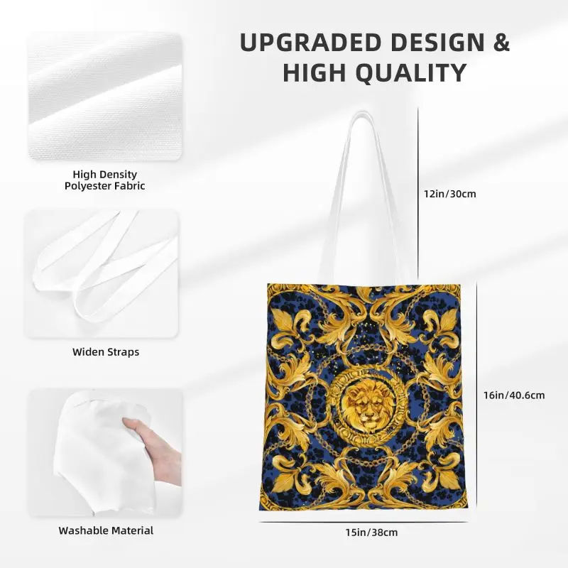 CUSTOM baroque Golden Lion and damask Canvas Shopping BAG Women reusable groceries Tote Shopper bags