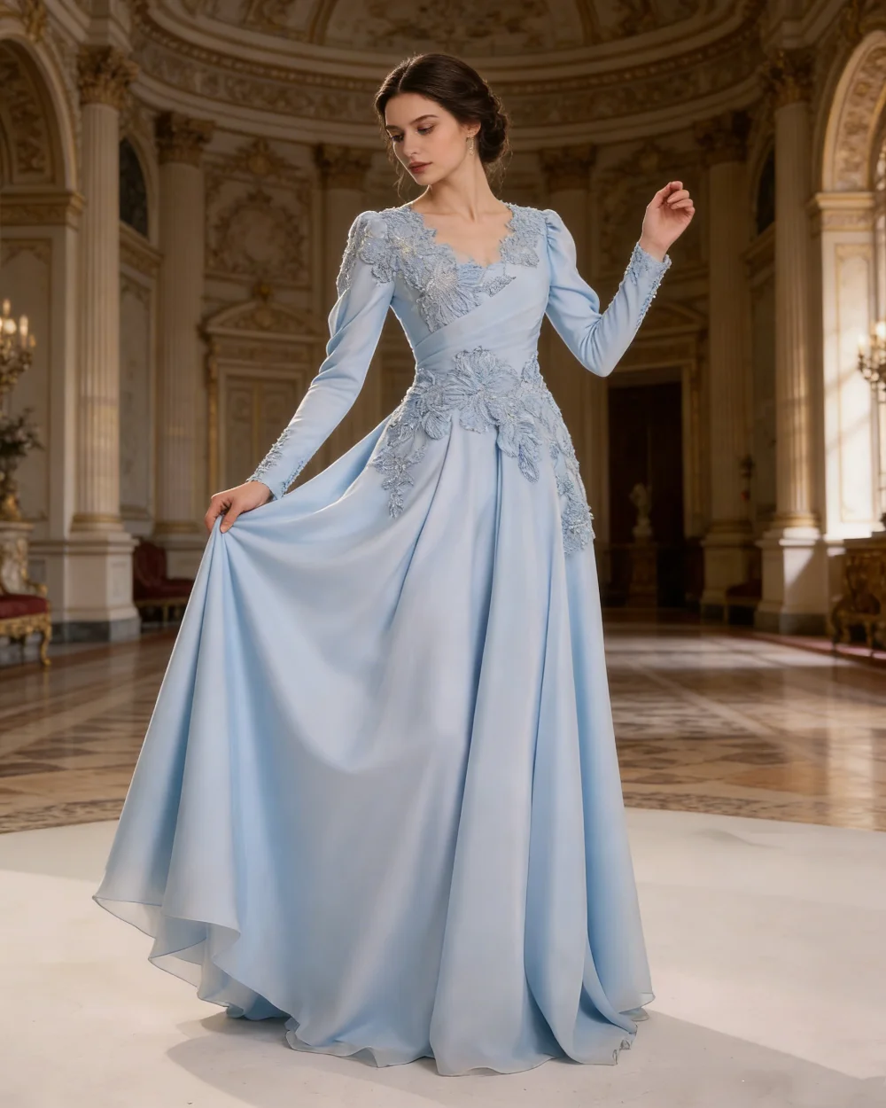 

Customized Luxury Intricate Jersey Handmade Flower Beading Sequined A-line V-neck Long Dresses Evening Dresses Formal